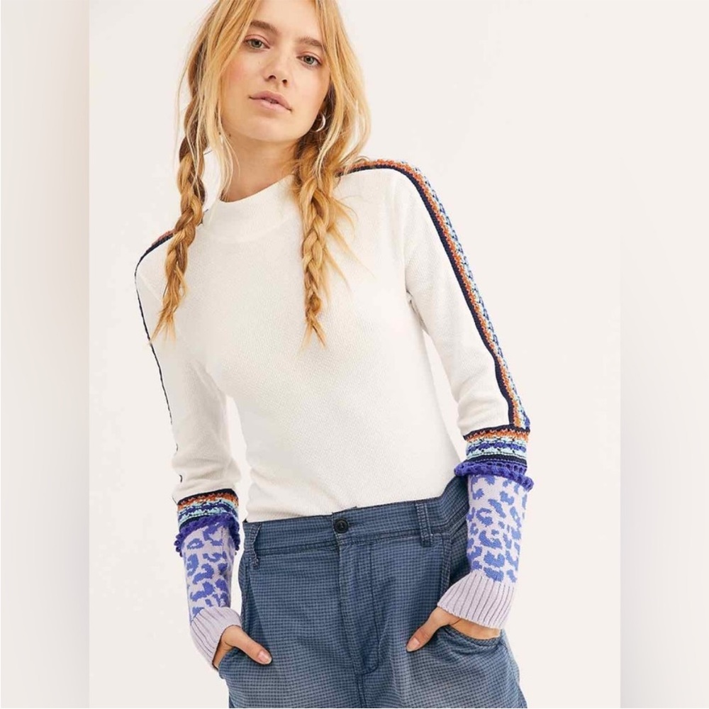 Free People White Sweater with Blue and Purple Accent Sleeves